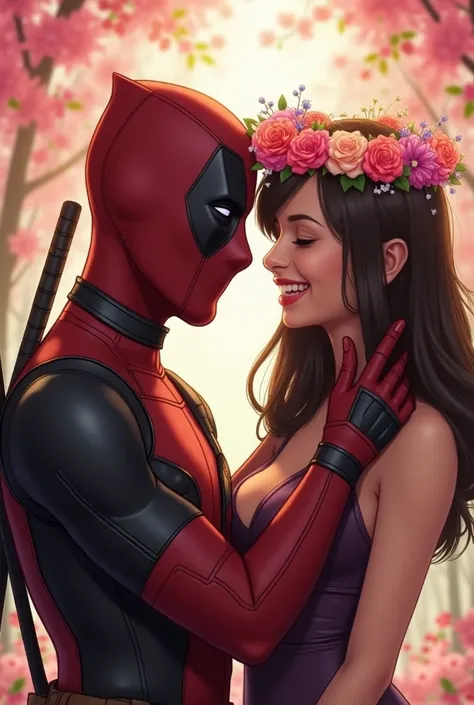 Deadpool gently places the completed flower crown on Vanessa’s head. She looks genuinely happy and surprised,Petite, dark brown hair, warm smile, casually stylish. touching the crown lightly while smiling at him.
Vanessa leans forward, laughing warmly and ...