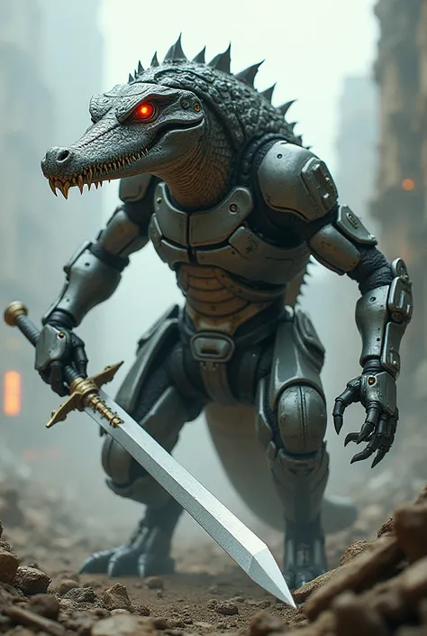 Robotic crocodile with sword in hand