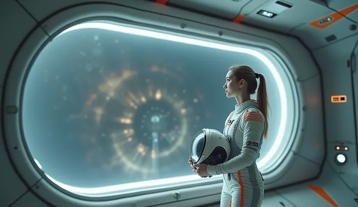 A ,  cinematographic composition inspired by a science fiction film, .  Beautiful 24-year-old woman looks from the inside through the large window to the outside,  dressed in a space suit , She is not wearing a helmet ,  she wears the helmet in her hand , ...