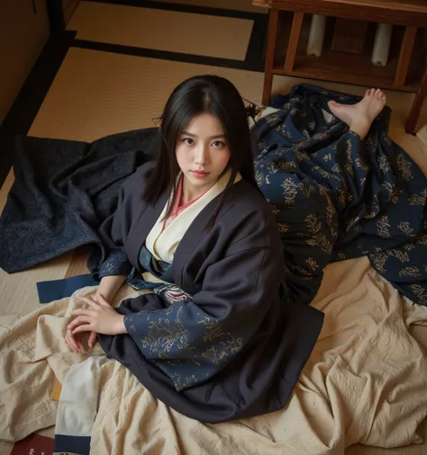 (((samurai)))、女のsamurai、samurai装束、 cute、 background Japanese style room from the Edo period 、 Japanese clothes thrown away on the floor、(( Exposing Japanese Clothes))、(( lying on a discarded kimono))、( taken from directly above :1.3)、 sexy、20 years old、wom...