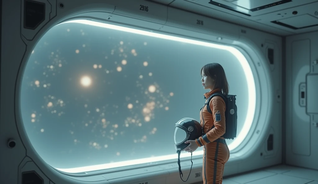 A ,  cinematographic composition inspired by a science fiction film, .  Beautiful 24-year-old woman looks from the inside through the large window to the outside,  dressed in a space suit , She is not wearing a helmet ,  she wears the helmet in her hand , ...