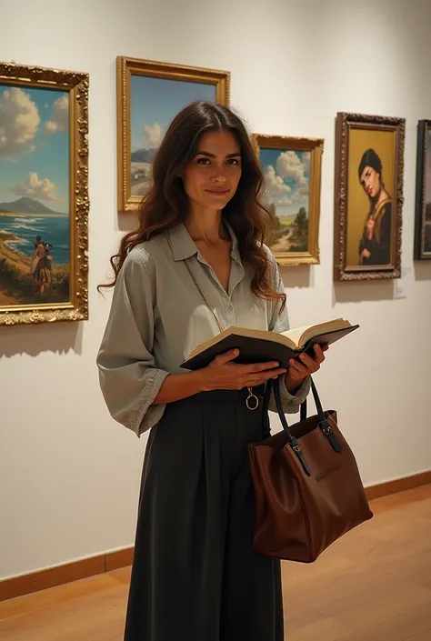  woman holding a book and a bag in a room, by Glòria Muñoz, alarcon caricaturista ,  by Amelia Peláez , by Nándor Katona, by Verónica Ruiz de Velasco, valentina remenar, holding books, exhibition of paintings , Alanis Guillen,  photo taken in 2 0 2 0 