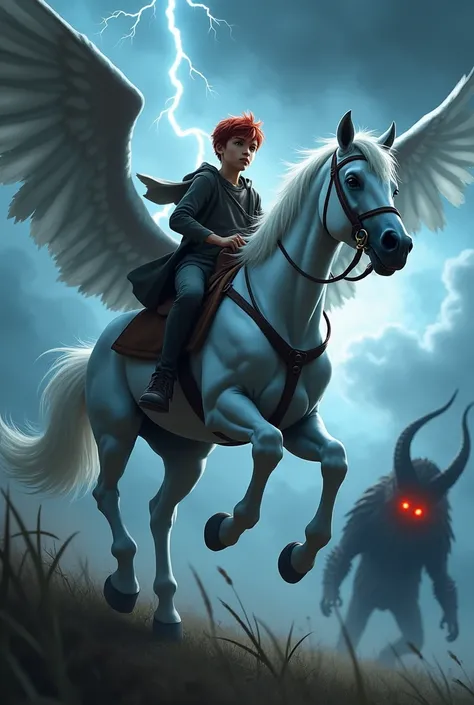 The boy with black eyes and red hair riding his majestic white horse, soaring through stormy skies, lightning flashing around them, as they face a dark shadowy creature with fiery red eyes in the distance