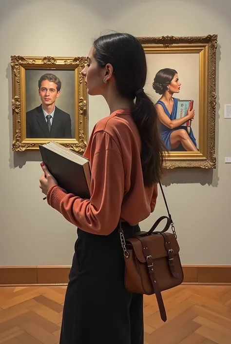  woman holding a book and a bag in a room,  in picture by Gloria Muñoz ,  instagram , hyperrealism, alarcon caricaturista , valentina remenar, holding books, exhibition of paintings , Alanis Guillen,  photo taken in 2 0 2 0 ,  in an art gallery ], lorena a...