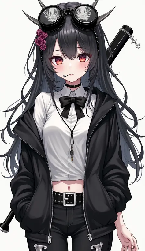 Make an anime girl with white skin, Long black hair a little wavy and messy, a bandage band on the forehead, With a rose flower in the mouth, A pair of black punk goggles with thorns on the head, with a toy knife tiara.  white t-shirt with a black open hal...