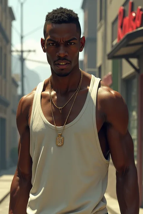 Skinny black man in white tank top, cj do gta, with the mouth open