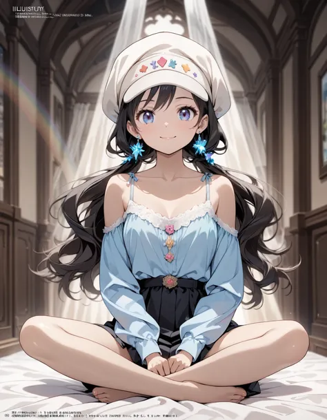 score_9, score_8_up ,score_7_up ,source_anime,source_comic,source_illust,(looking at viewer:1.3),(shiny smile),(sitting indian style),Alone,rainbow,pony face lady,( Attractive Adult Women),curly ponytail,18years old,Dream Stories ,beautiful sexy cute slim ...