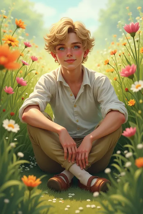 A young man around 22 with a cute face, blonde curly hair and gentle blue eyes. He's wearing a modest dress and a pair of mary-janes, sitting in a field of flowers