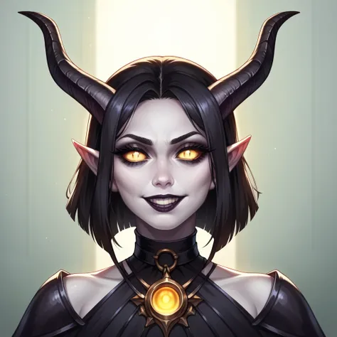 A tiefling, portrait, white skin, pale shiny sclera ,  dragon wings,  seductive look , sinister smile, teeth ,head, gothic black dress,  shiny accents ,  glowing yellow eyes , diablo , big thick black horns,  collar, gothic gothic bard ,  black and red det...