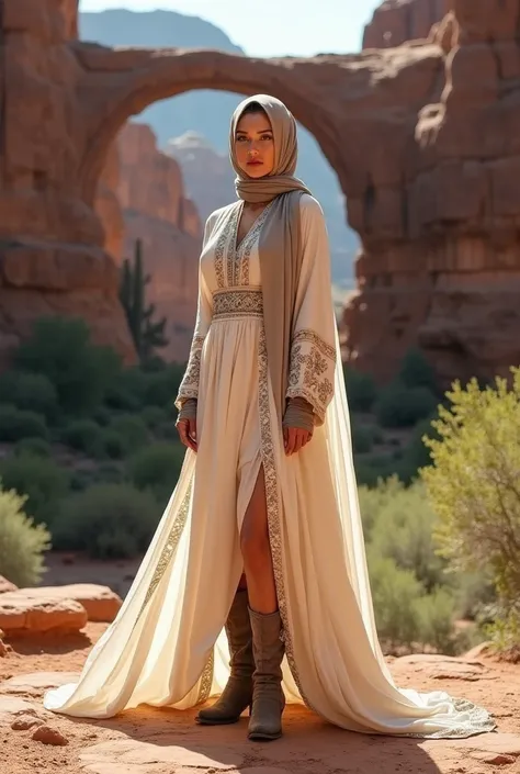 A stunning woman is dressed in a hijab, complemented by a traditional keffiyeh scarf elegantly draped around her neck. She wears a flowing, graceful long warrior cream abaya adorned with intricate designs, radiating both strength and elegance. Her ensemble...