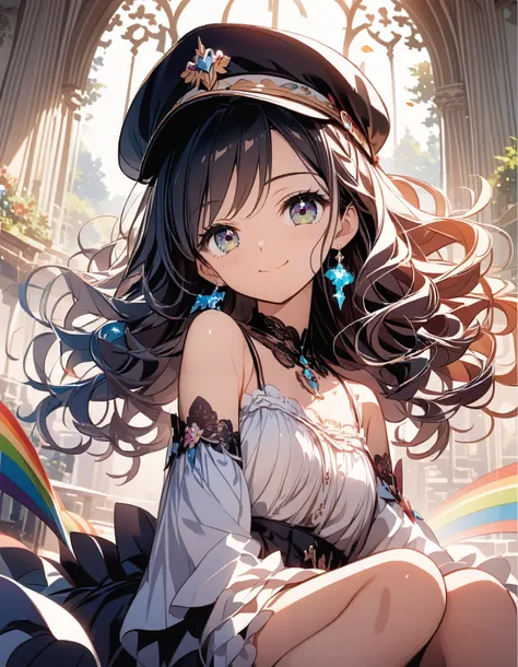 score_9, score_8_up ,score_7_up ,source_anime,source_comic,source_illust,(looking at viewer:1.3),(shiny smile),(sitting indian style),Alone,rainbow,pony face lady,( Attractive Adult Women),curly ponytail,18years old,Dream Stories ,beautiful sexy cute slim ...