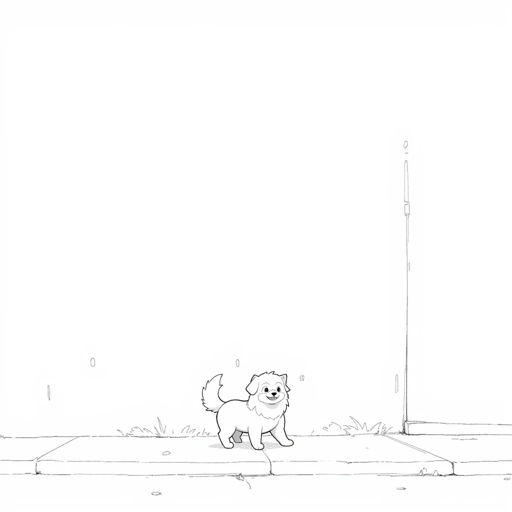 Dog walking outside 、 A simple illustration with no gradation in the background 、Walking on the sidewalk、illustration、Anime Design、 A clear line、Clear lines 、Thick Line、 with a building wall visible。