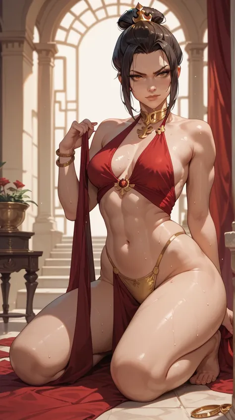 azula(avatar), seductive face, closed mouth, big ass,wide hips, wide pelvic, medium breasts, halter dress, golden jewelry, sniffing panties, sweat, front view, full-length portrait