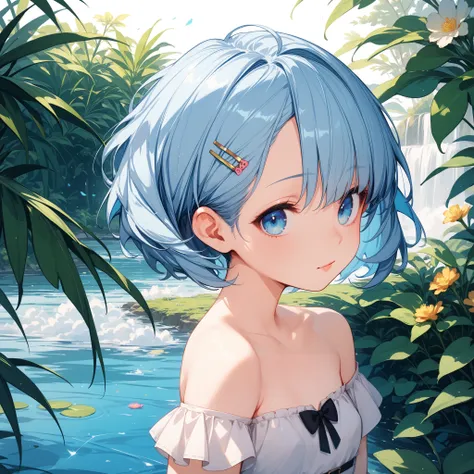 4k anime style, Smooth anime CG, 8k anime, Best quality, High resolution,Superdetail,Perfect light,avatar image,Young Anime,high 150 cm,She has short Hair,cropped,Off the shoulder,light blue hair,  hair clip,Beautiful light blue eyes,small chest, Beautiful...