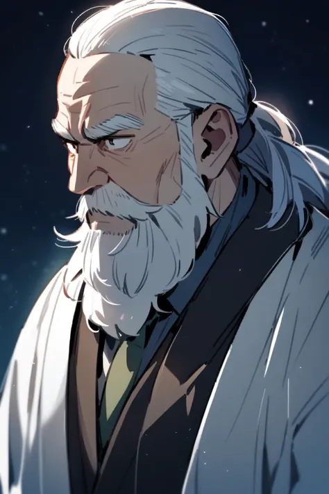 AGED sensei, long white beards, staring intently, right