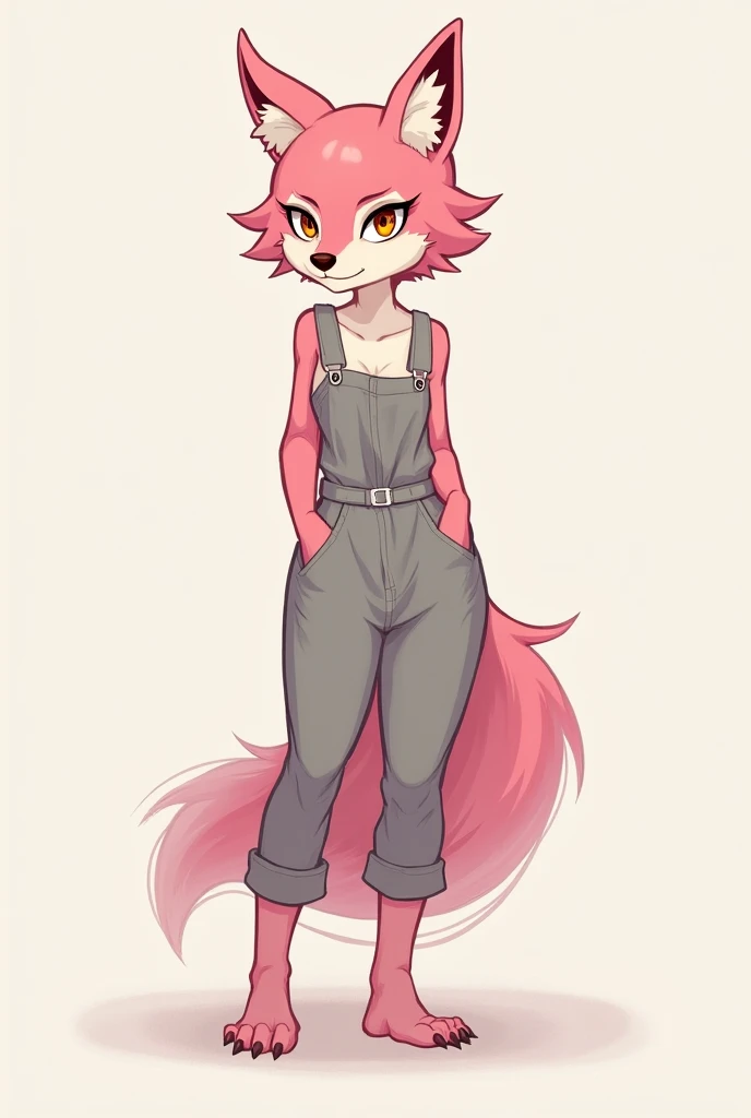 Anthro wolf girl,  Pink wool ,  She's wearing a grey jumpsuit .