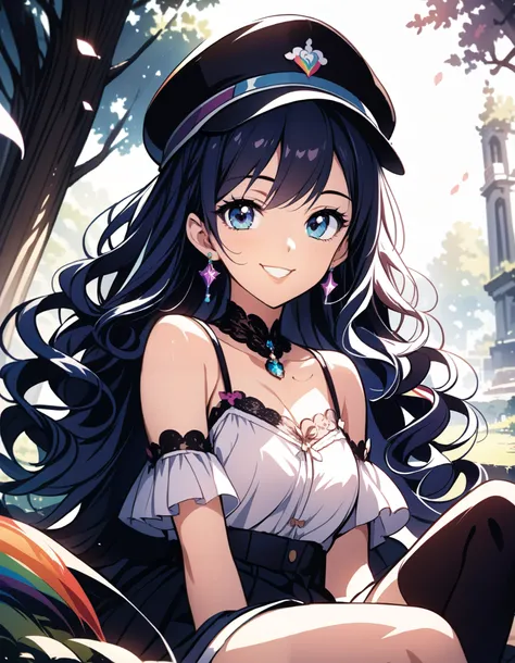score_9, score_8_up ,score_7_up ,source_anime,source_comic,source_illust,(looking at viewer:1.3),(shiny smile),(sitting indian style),Alone,rainbow,pony face lady,( Attractive Adult Women),curly ponytail,18years old,Dream Stories ,beautiful sexy cute slim ...