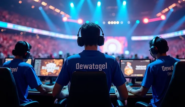 The image shows an esports competition in full swing. A group of players is seated at their gaming stations, with their backs to the camera. They are immersed in the game on their screens, wearing headsets and team jerseys, jersey that says dewatogel, The ...