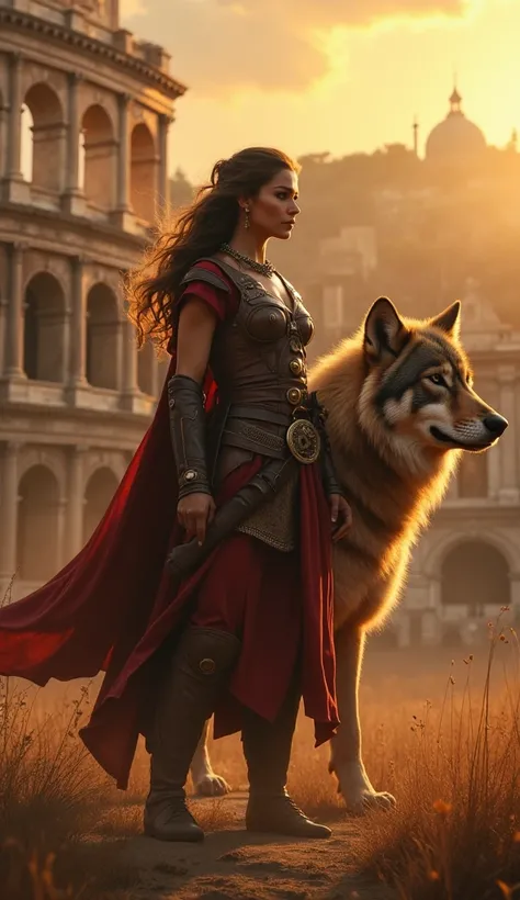 It sounds like you're imagining a powerful scene filled with strength and drama! The combination of a heroic female soldier, a majestic wolf, and the grand setting of the Roman coliseum creates an epic and cinematic atmosphere. The golden hour lighting wit...