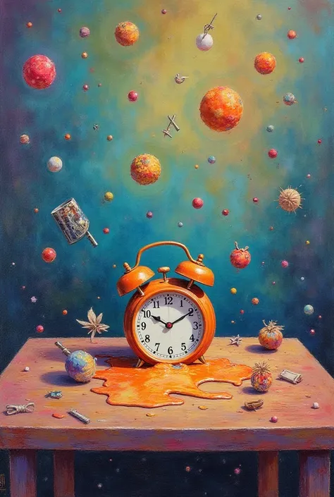 " A rock album cover created with pastel drawing technique ,  where vibrant colors and soft textures are mixed to convey the power and subtlety of the songs.  The image presents an everyday scene that becomes surreal :  a clock melting on a table with fami...