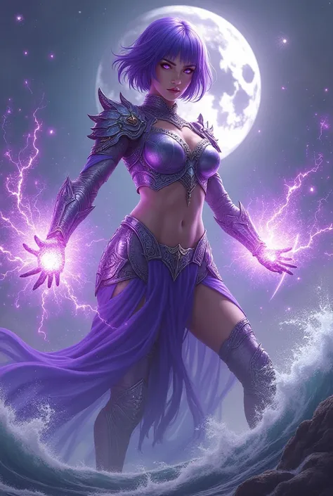 I want a realistic image of a female warrior goddess with short purple hair and purple eyes who is fighting with purple rays and that the moon and planets and the sea come out