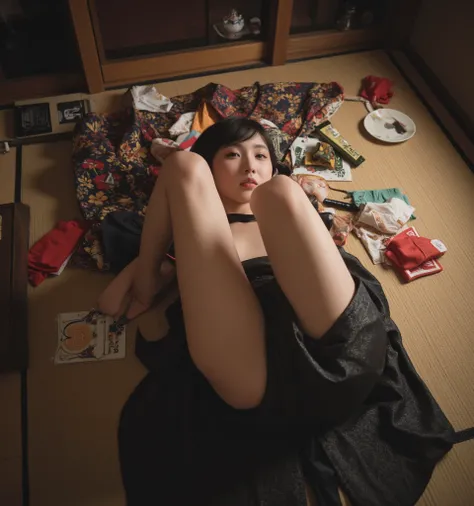 ((samurai))、女のsamurai、 cute、 background Japanese style room from the Edo period 、 Japanese clothes thrown away on the floor、(((露出の多いsamurai装束)))、Beautiful legs、Beautiful skin、belly button、Beautiful collarbone、(( lying on a discarded kimono))、( taken from d...