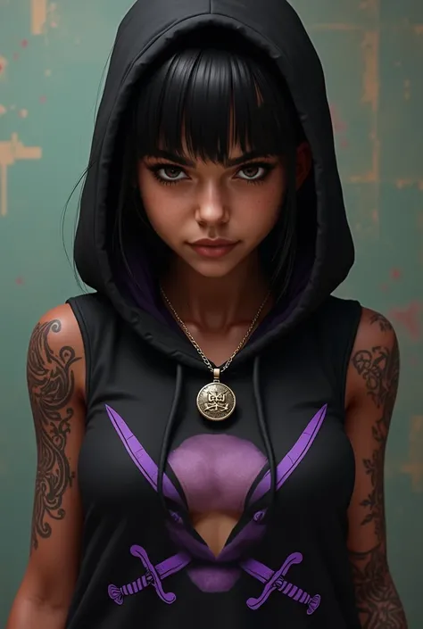 "A young Haitian pirate with dark brown skin, a bold, intense gaze, and an air of mystery. She has straight black bangs framing her face and tribal tattoos adorning her arms and face. Dressed in a sleeveless black hoodie with a purple skull and crossed swo...