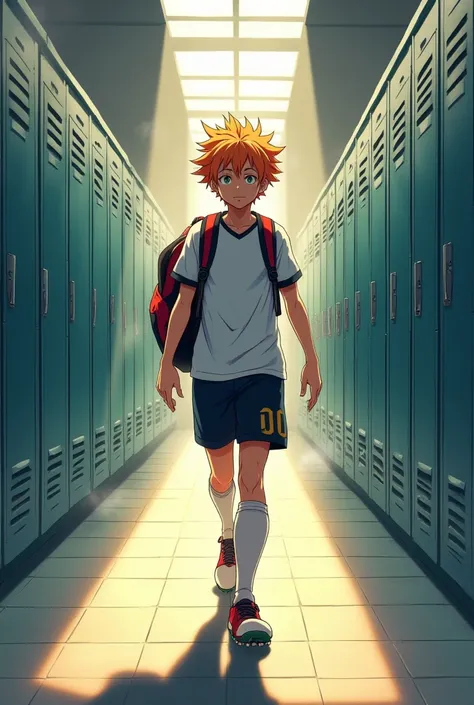 Create an anime boy walking down the locker room hallway to play soccer 
