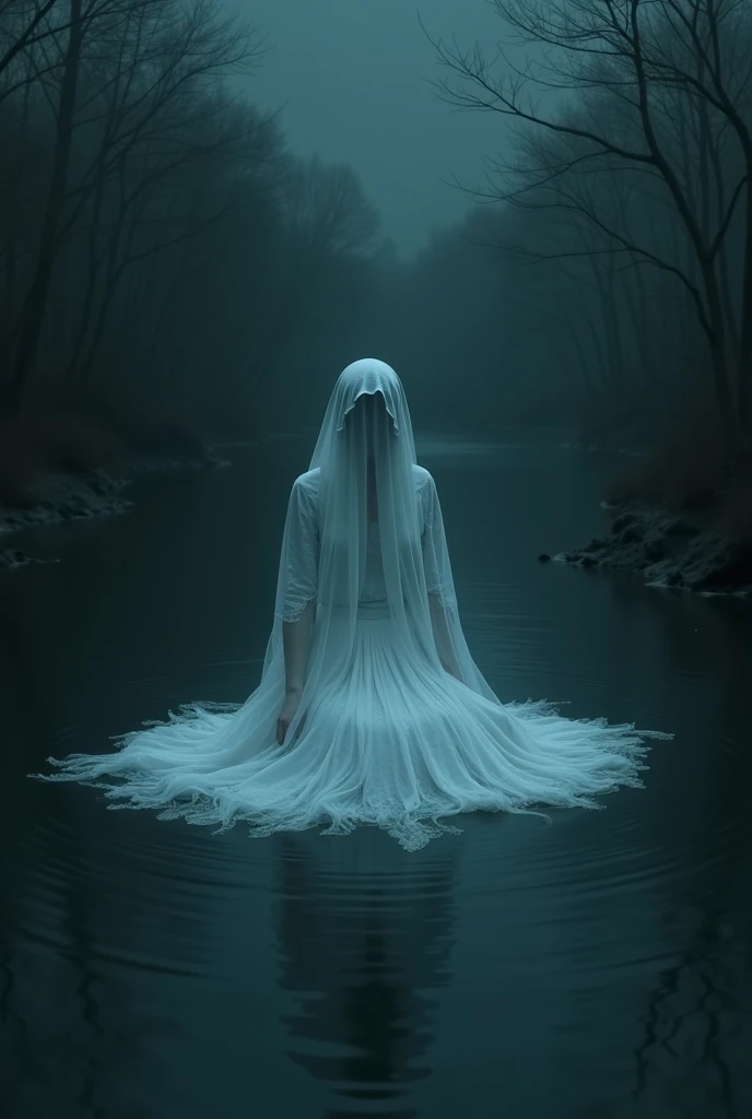 A river at night and the weeping woman floating in her white dress looks like a dead man and her face is covered by a veil 