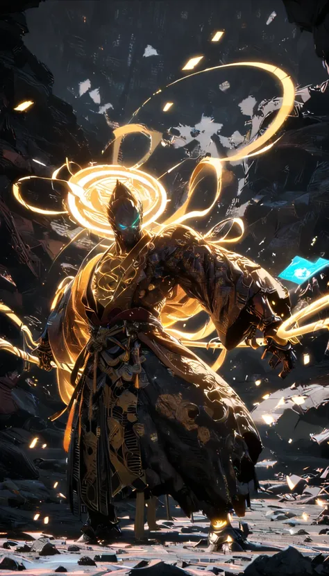  Cyberpunk wire hole ， suspended holographic screen flashing fault effects ， Sun Wukong's fiery eyes cast a golden scan ray，Showing his great momentum and extraordinary strength。He was dressed in a golden ruyi golden hoop rod robe，Shining with golden light...