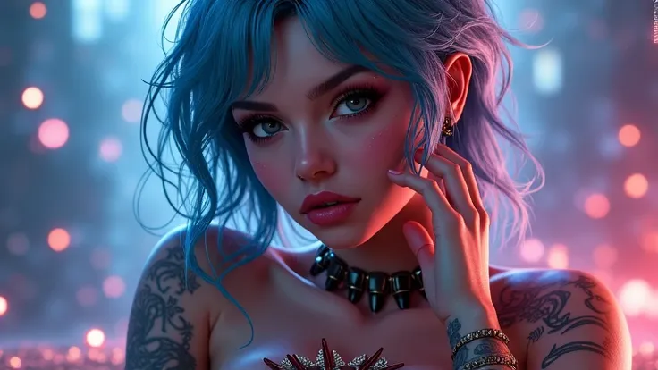 a hot beautiful woman with blue hair and tattoos, seductive digital art by Galen Dara, trending on cgsociety, fantasy art, seductive cyberpunk dark fantasy, digital fantasy art ), fantasy digital art, deviantart artstation cgscosiety, fantasy art behance, ...