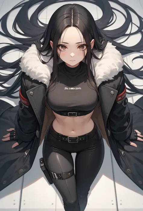 1girl,a robot, android, lines over body, mechanical, high quality, very long hair, black hair, dark hair, fluffy hair, brown eyes, curvy, black clothes, black leggings, long pants, high waisted, black top, cropped top, pov, forehead, parted bangs, sharp ey...