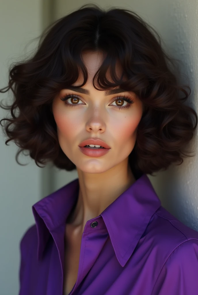 a woman with an oval face, curly hair, and layered haircut, wearing a purple shirt