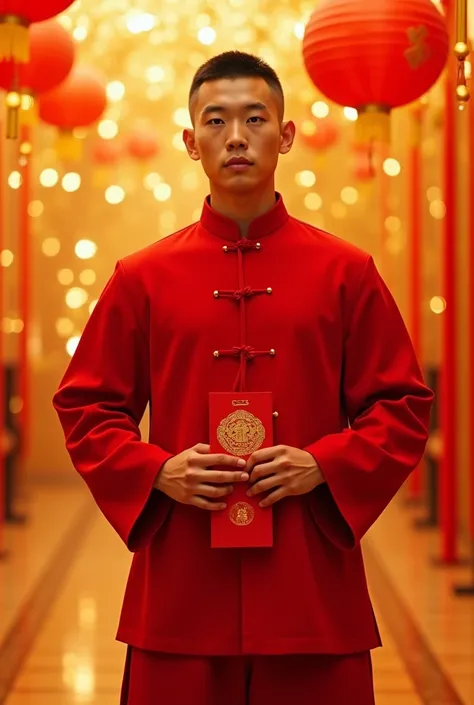  Face of a Chinese man age 20 years old with buzzcut hair ,  wearing typical chinese chinese dress all red color red trousers, standing pose hands holding red angpao , background barangsai gold