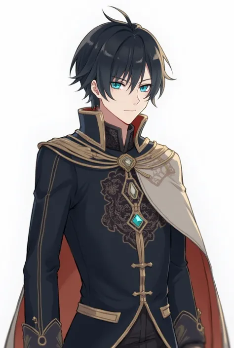 1 man, young man, noble outfit, cape, aristocrat, black short hair, bright blue eyes, pale skin, plain white background, waist up shot, arms down, serious face, detailed face, negative spaces on the side