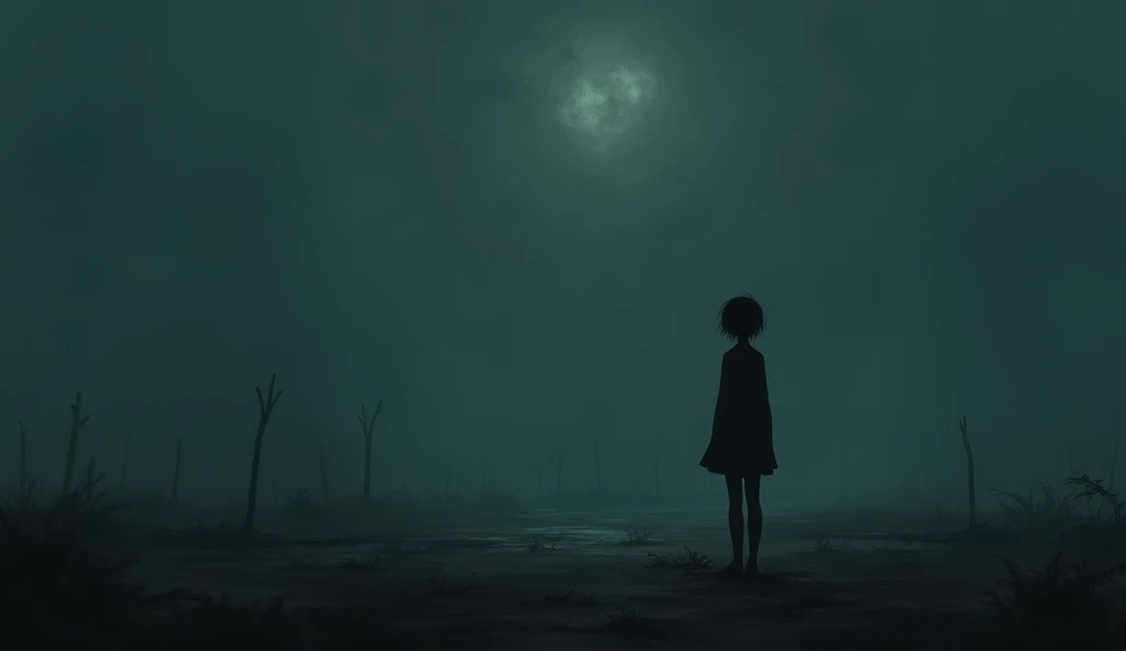 gloomy emptiness in the twilight, the faint light from above illuminates the girl's skinny figure, she is wearing a black shirt, black skirt, and black tights 