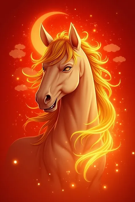 Anime horse face ,  is seen being angry with a sharp gaze, golden light colored,  full of golden aura light on the horse's body,  with an elegant and also manly look , on a bright red background , Chinese color , there is a lunar ornament in it , there are...