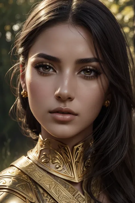 Warrior Princess Kalanis of Grace, brunette, ((((black eyes)))), (((medieval armor with golden decorations)))), ((((full body)))), detailled lips, detailled skin, BACKGROUND : a field of wild grass with a threatening forest not far away, (best quality,4k,8...