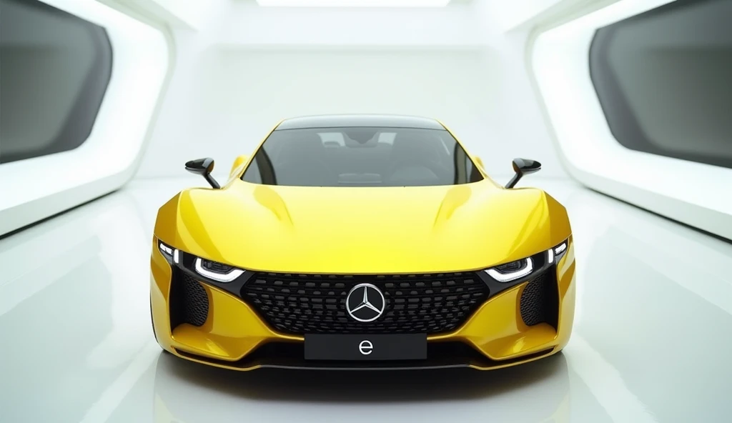 A captivating and futuristic image of the2025 Mercedes Benz e class is displayed in a luxurious white showroom. The car is painted in a striking vibrant yellow hue, emphasizing its sleek, aerodynamic design with bold accents that highlight the cutting-edge...