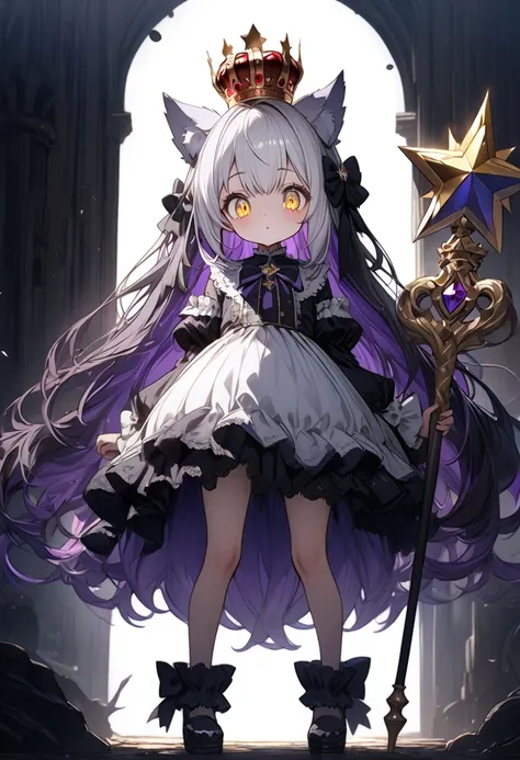 loli, princess, sleepy, standing, looking at viewer, long hair, gradient hair, purple hair, white hair, streaked hair, colored inner hair, golden eyes, odd eyes, with star-shaped irises, big eyes, petite, crown, with a staff, with wolf ears, , insanely det...