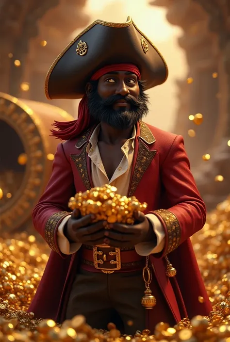 Create a 3D Disney-style image of a rich Black pirate. He should be dressed in luxurious pirate attire, holding gold coins or money in his hands. The background should be filled with a vast treasure trove, overflowing with gold coins, sparkling jewels, and...