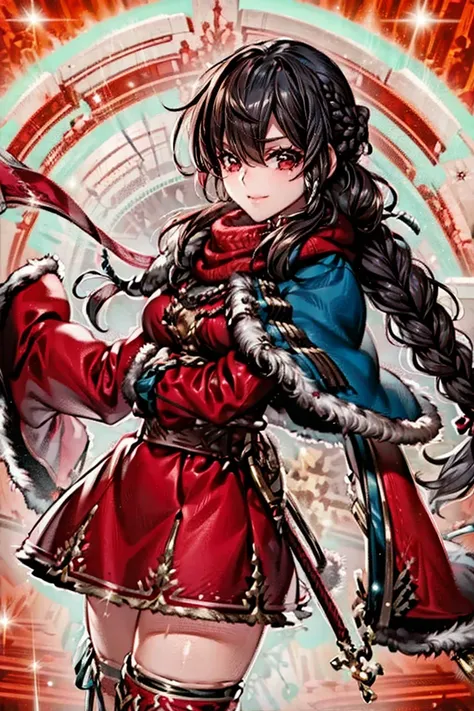 (masterpiece, best quality:1.2), 1girl, solo, front face, front view, front angle shot, from front, black hair, red eyes, long hair, braids, red clothes, cpct, red and closed caplet, red fur coat, winter's outer, red skirt, red knee high boots, bare thighs...