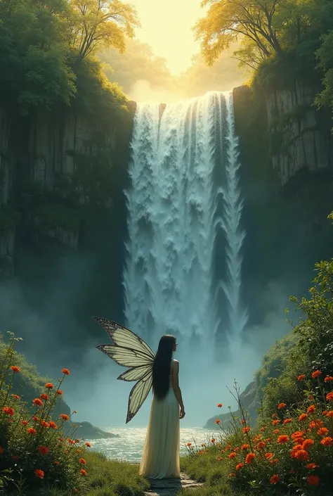 waterfall in a forest, sunshine lights, flowers, delicate dark fairy, intense, bright