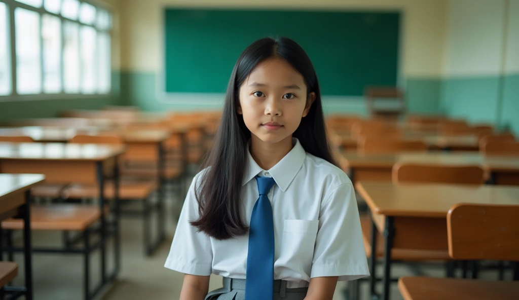 "A close-up of a young high school girl sitting at a desk in a slightly aged classroom. She is wearing a neat Indonesian high school uniform: a white shirt, a gray skirt, and a blue tie. Her long, straight black hair falls naturally over her shoulders, and...