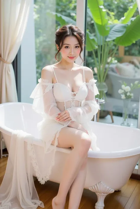 a young woman sitting elegantly on the edge of a white vintage bathtub. She is wearing a delicate white lace outfit with sheer, flowing sleeves, and the fabric drapes gracefully onto the floor. Her hair is styled in a loose, elegant updo adorned with small...