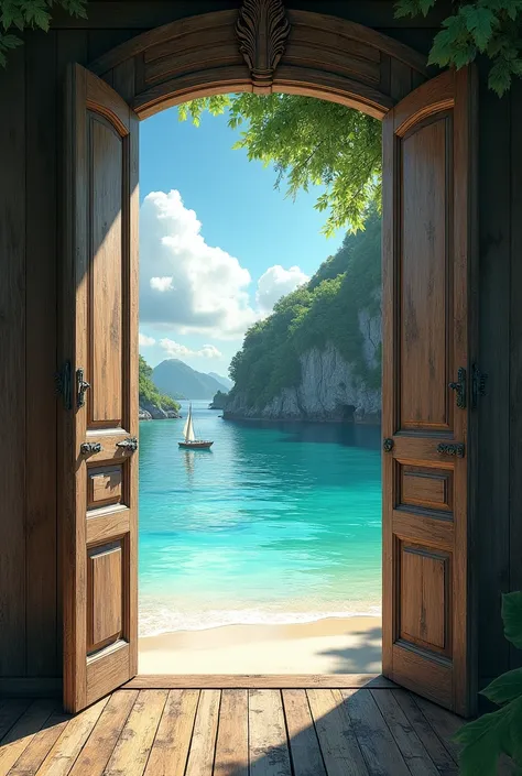 Real image that has in the foreground a large open window with two old doors and that shows in the background a beach with crystal clear water and jungle with a sailboat