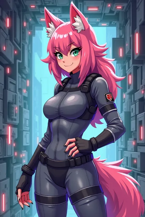 Anthro wolf girl,  Pink wool ,  She's wearing a grey jumpsuit . With the Space Station in the background, Pixel style.