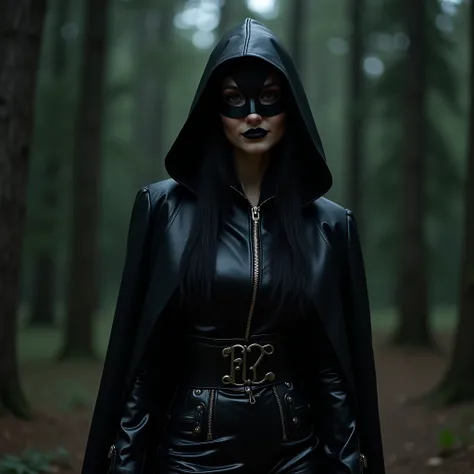 Beautiful evil fashionable confident tall Turkish woman in black lipstick smiling insidiously in black wide leather hood in black leather mouth mask in black leather killer jacket in black latex gloves in black latex wide disco pants with belt in high blac...