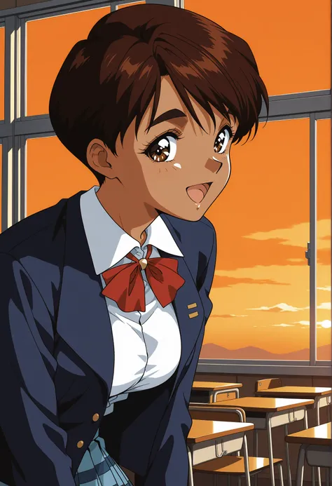 SR5_Mizuki,  retro art, masterpiece, best quality,  general ,  1girl , Alone, 
dark skin, dark-skinned female, thick eyebrows, brown eyes, brown hair, short hair, school uniform, red bowtie, blazer, long sleeves, blue jacket, open jacket, white shirt, coll...