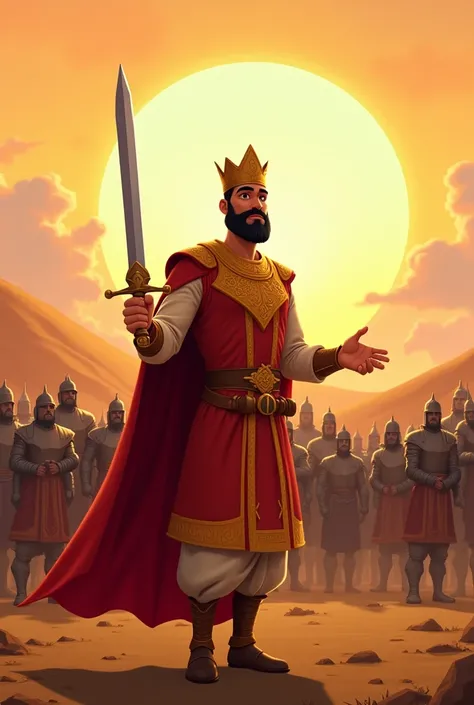 Pixar-style cartoon illustration of the same king character, standing tall and brave on a battlefield. He wears his gold and crimson shahi dress and crown, holding a shining sword in one hand and gesturing to his troops with the other. His army, dressed in...